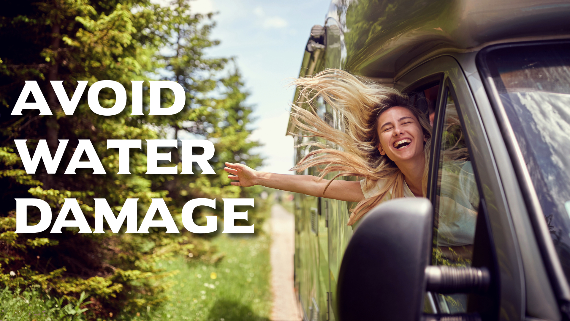 Happy RV owner driving with the window open, confident after inspecting for water damage, avoiding costly RV leaks and hidden moisture issues.